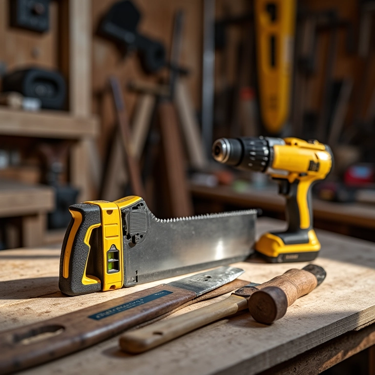 Ferramentas essenciais para construir um beliche: serra, furadeira, nível, martelo e formão.