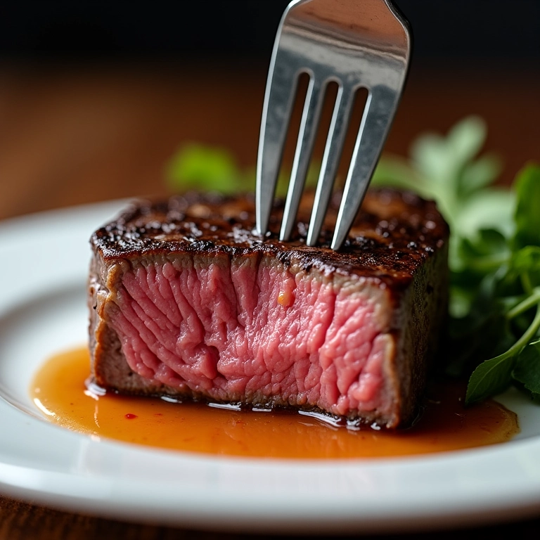 Filé mignon macio sendo cortado, revelando o interior rosado.