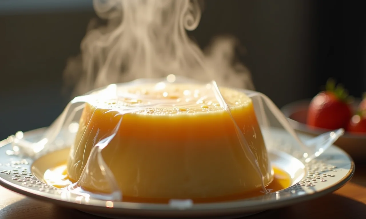 Filme plástico furado no pudim.