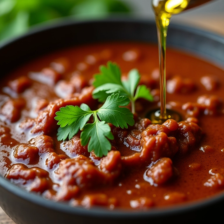 Finalização do molho de feijoada com cheiro-verde e azeite.