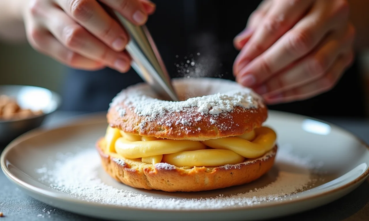 Finalizando o Paris-Brest com amêndoas laminadas e açúcar de confeiteiro.