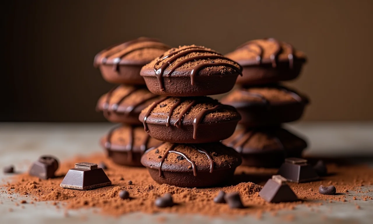 Financiers de chocolate com calda de chocolate e cacau em pó.