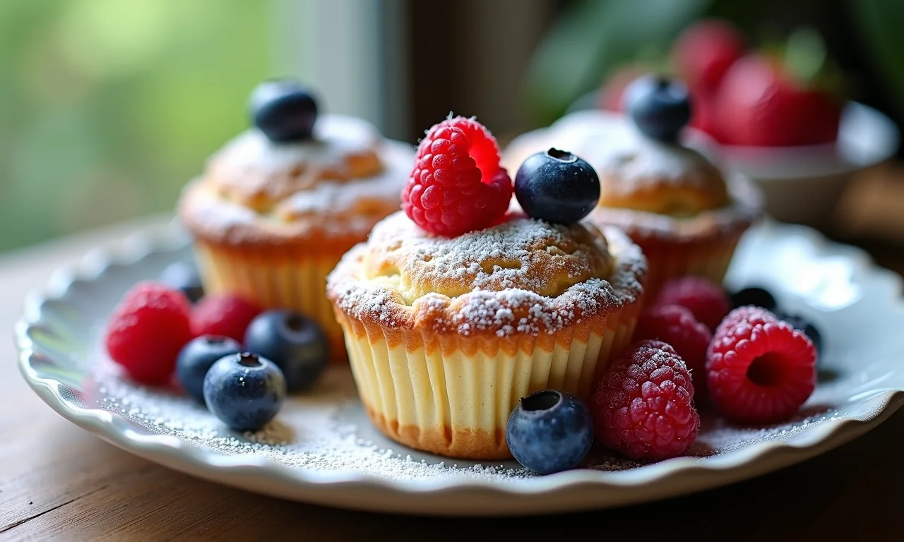 Financiers de frutas vermelhas com framboesas e mirtilos frescos.