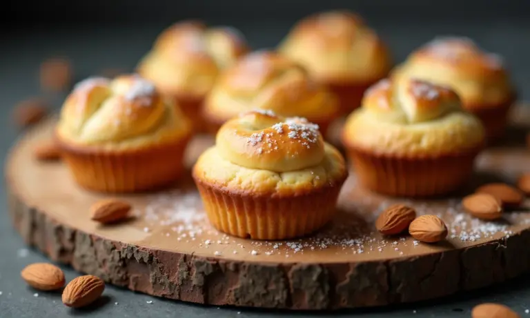 Financiers franceses dourados em tábua de madeira rústica com amêndoas.