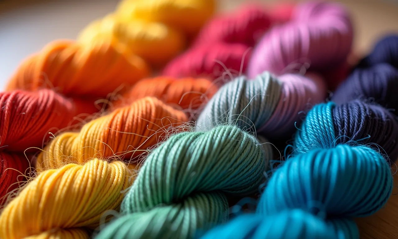 Fios de fibra tingidos com cores vibrantes.