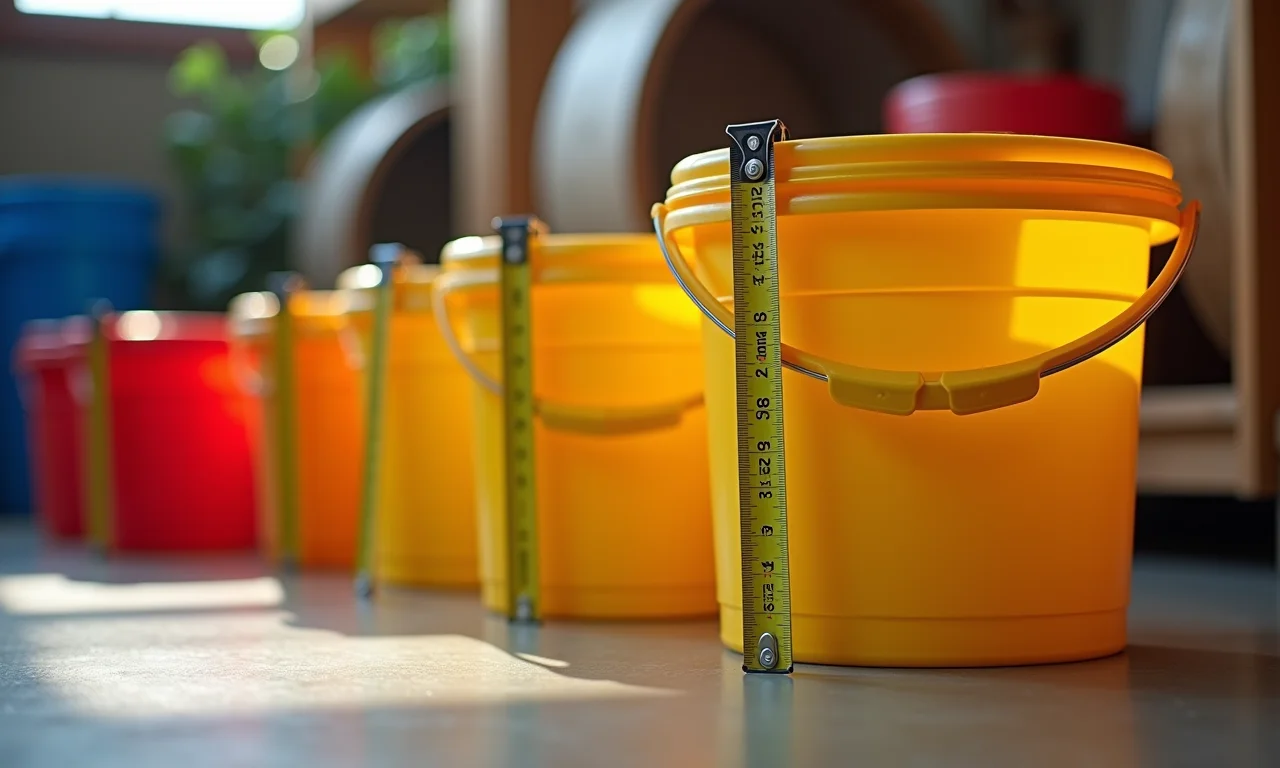 Fita métrica ao lado de baldes de diferentes tamanhos.