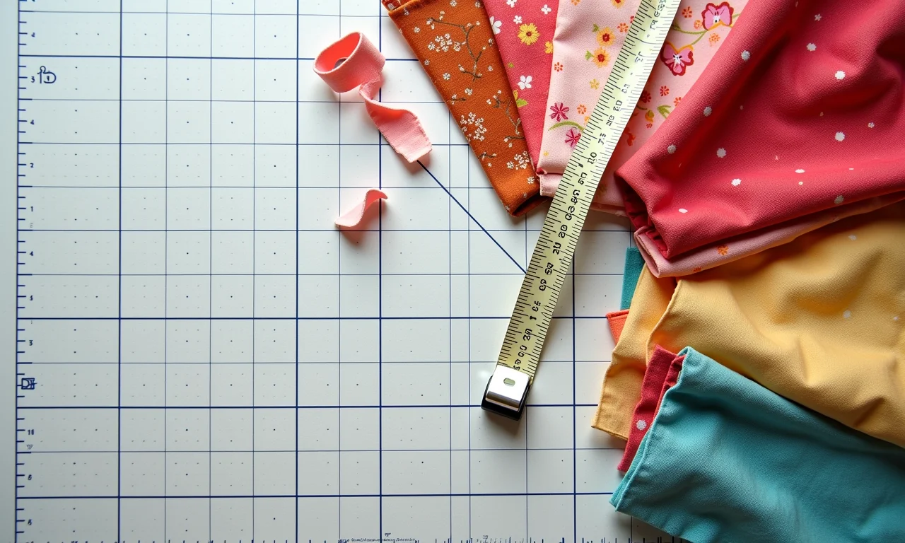 Fita métrica e retalhos de tecido em mesa de corte.