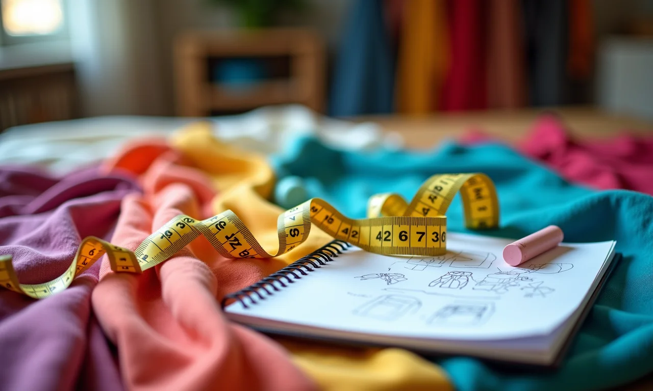 Fita métrica e tecido colorido, ferramentas para criar um poncho.