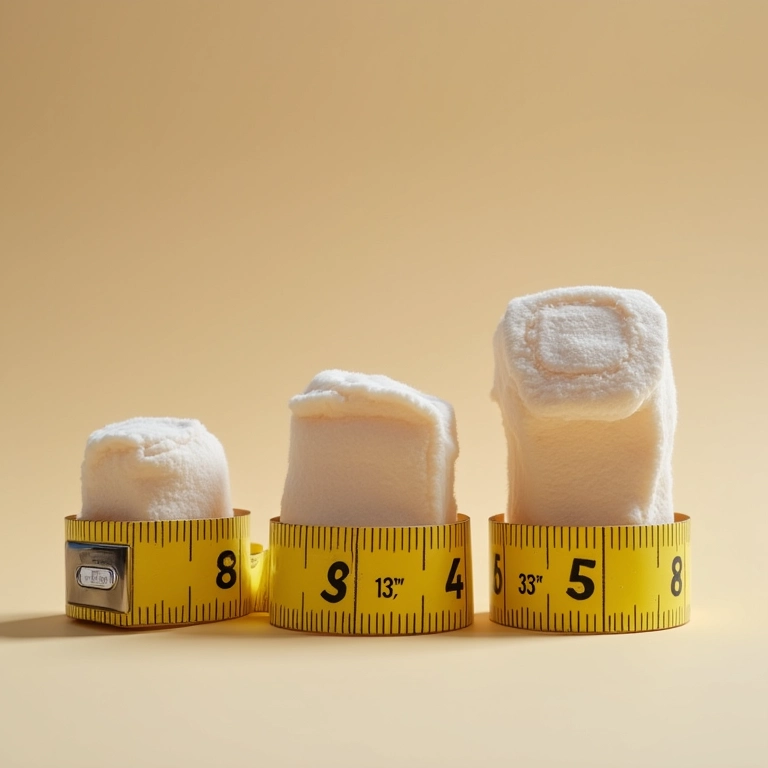 Fita métrica mostrando as dimensões para diferentes tamanhos de joelheiras de bebê.