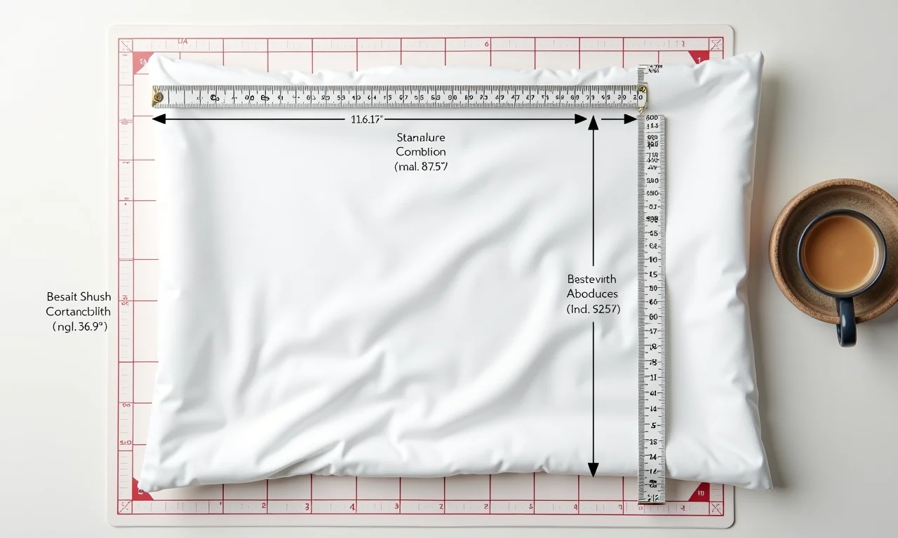 Fita métrica mostrando dimensões padrão de fronha sobre tecido.