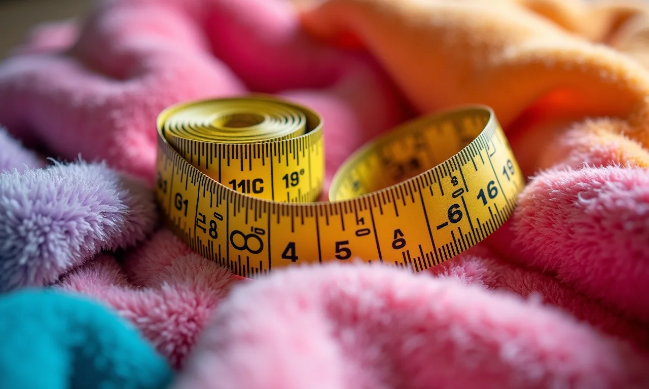 Fita métrica sobre o tecido, medindo as dimensões para o cobertor com mangas.