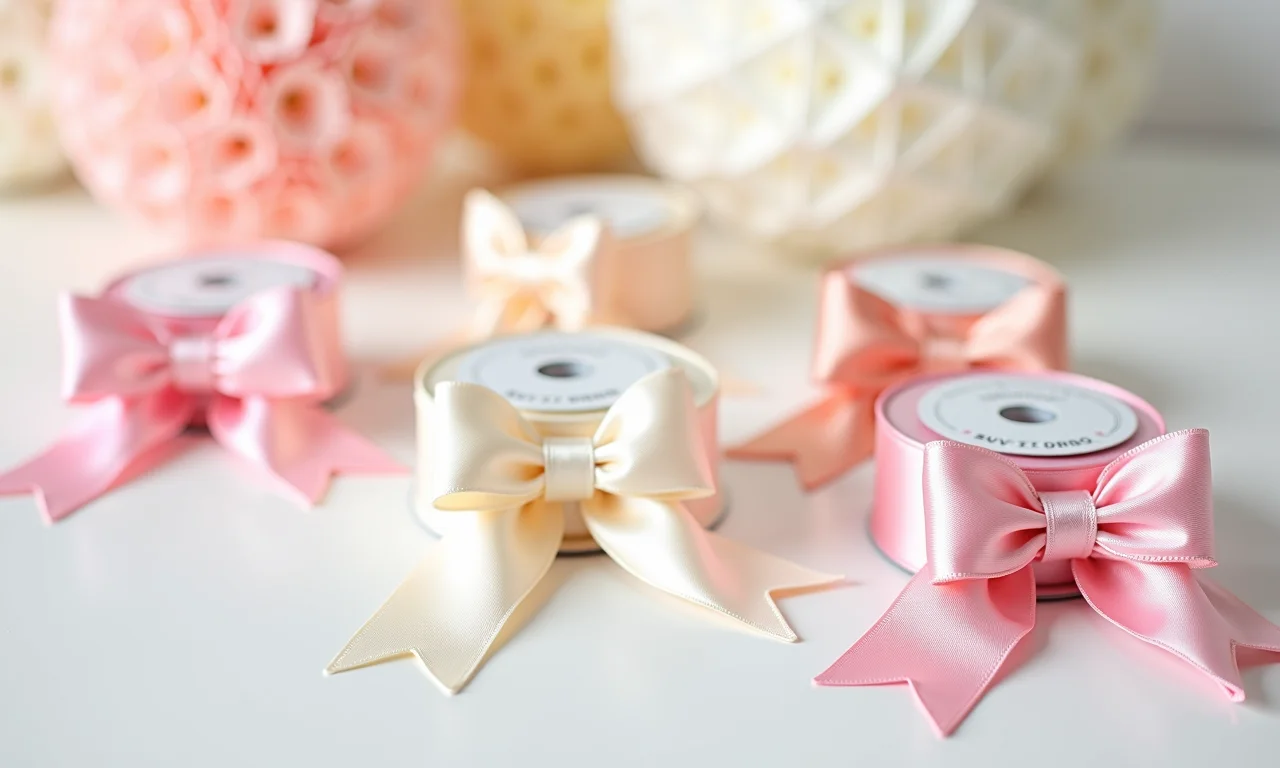 Fitas de cetim Progresso de diversas cores com decorações de bebê.