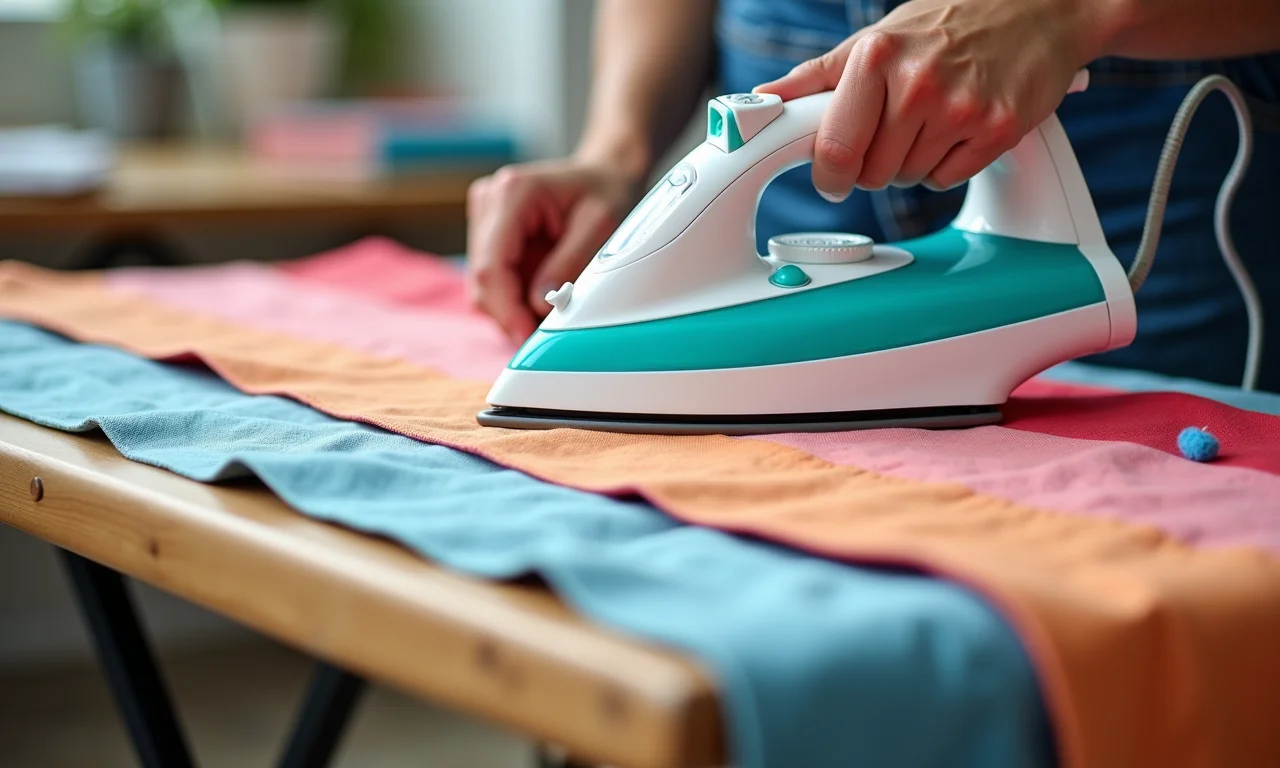 Fixando tecido colorido em tábua de passar.