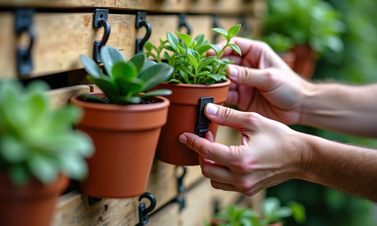 Fixando vasos no pallet: mãos segurando vasos com ganchos e parafusos.