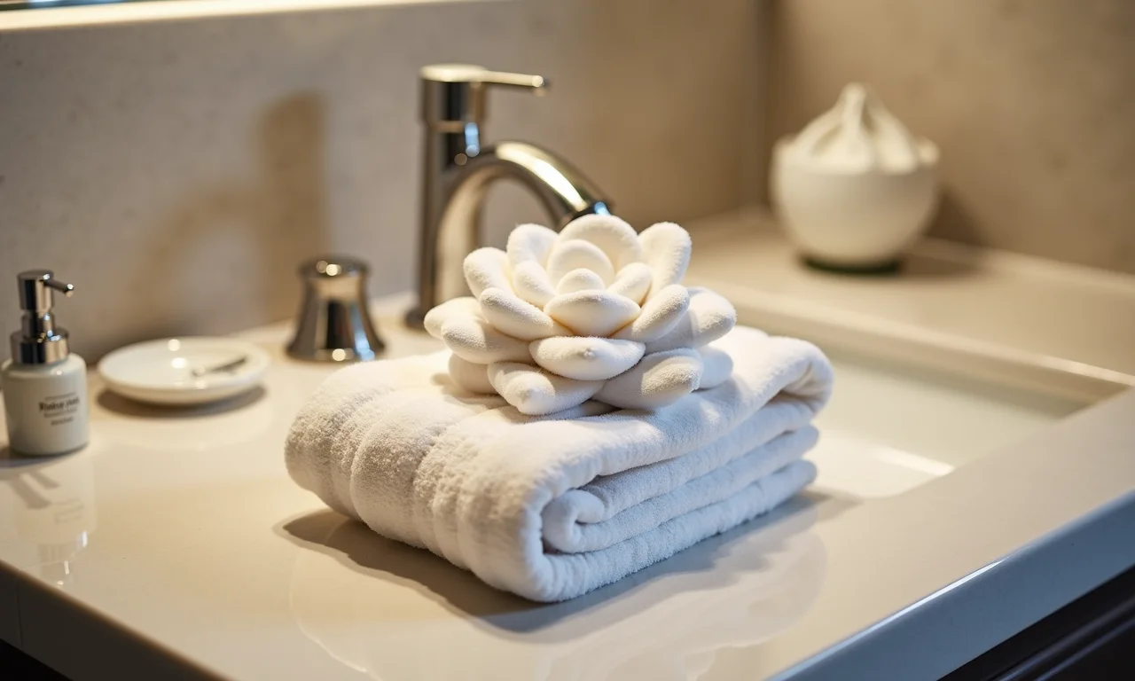 Flor de toalha adicionando charme ao banheiro.