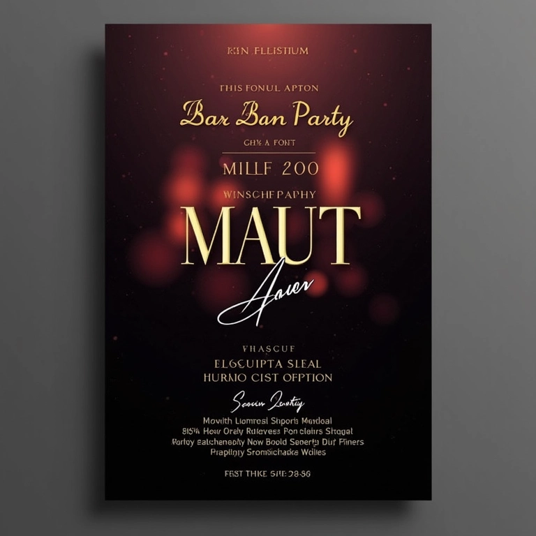 Flyer de festa elegante com design minimalista e tipografia sofisticada.