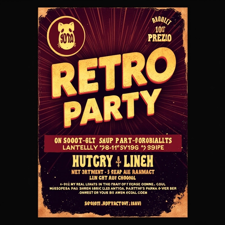 Flyer de festa retrô com fontes e texturas vintage.