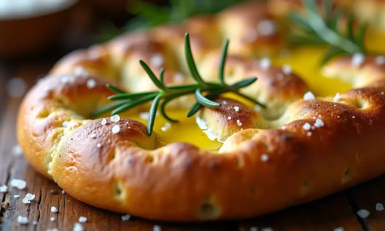 Focaccia macia com alecrim e sal grosso, azeite brilhante sob luz natural.