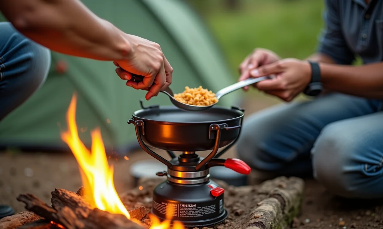 Fogareiro portátil sendo usado em acampamento.