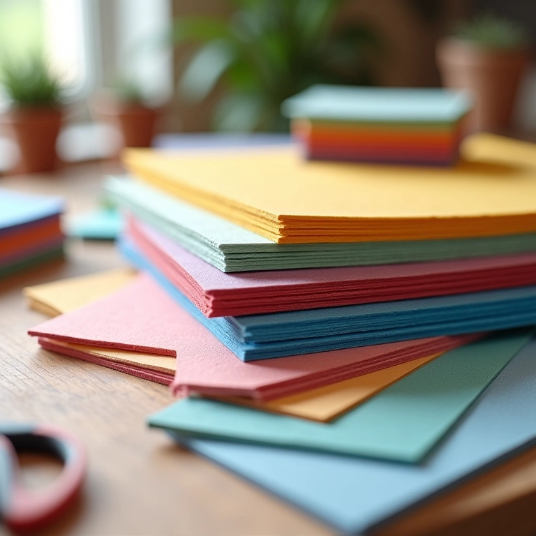 Folhas de EVA da marca Arte & Cores em diversas cores, empilhadas em uma mesa de artesanato.
