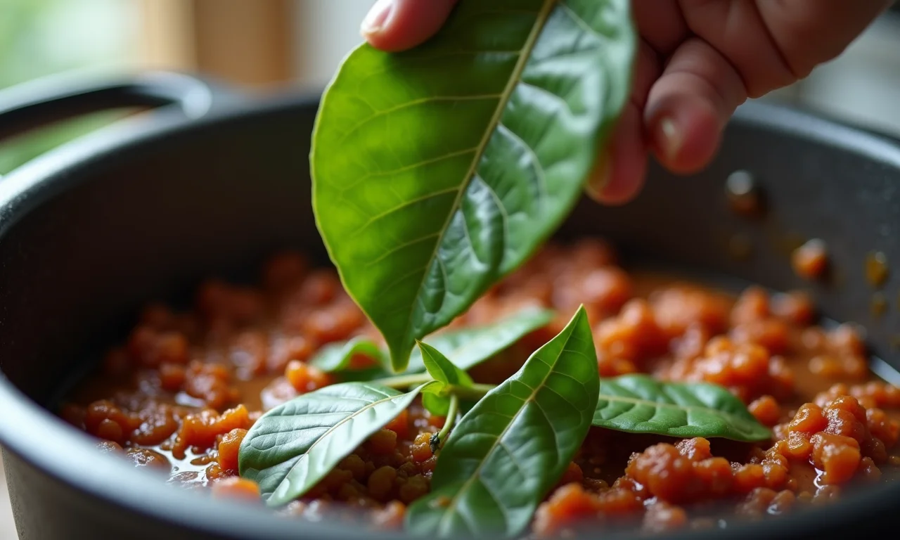 Folhas de louro adicionadas à carne de panela.