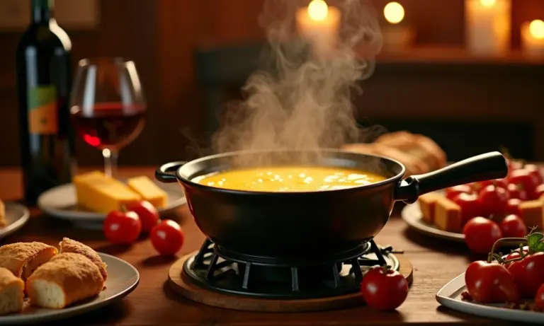 Fondue de queijo fumegante em noite aconchegante, estilo Farm Rio.