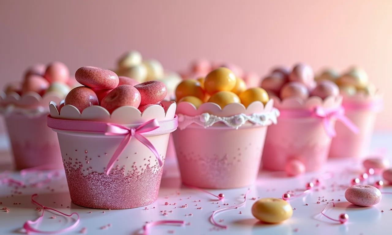 Forminhas de doces especiais com glitter, fitas e pérolas.