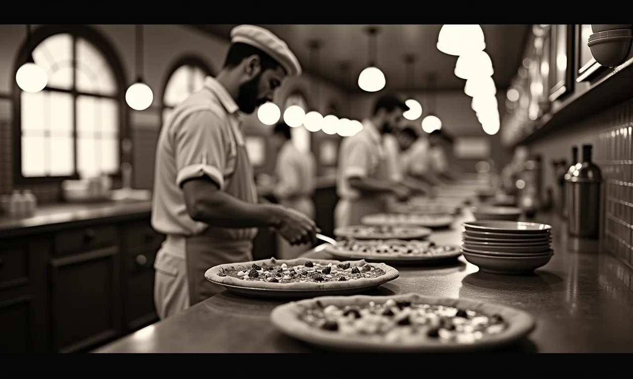 Foto antiga de uma pizzaria italiana, mostrando a história da pizza.