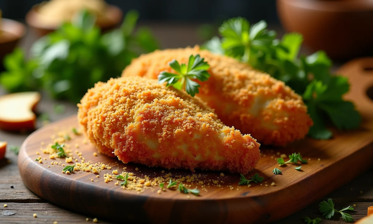 Frango à kiev com crosta crocante de pão fresco e farinha de rosca caseira.