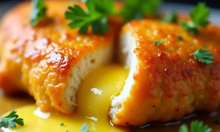 Frango à Kiev com manteiga de alho derretida escorrendo, irresistível.