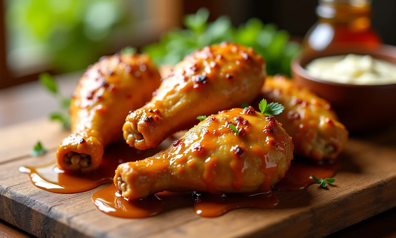 Frango agridoce com mel e mostarda, pronto para ser grelhado e saboreado.