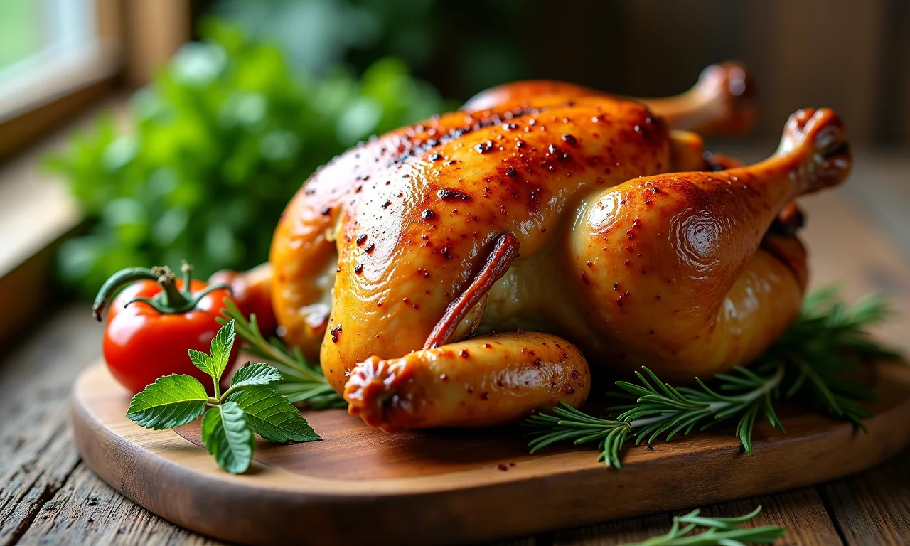 Frango assado inteiro e suculento em tábua de madeira com ervas e legumes.
