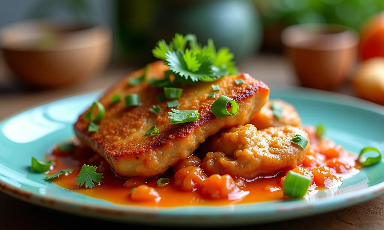 Frango com guariroba servido em prato colorido.