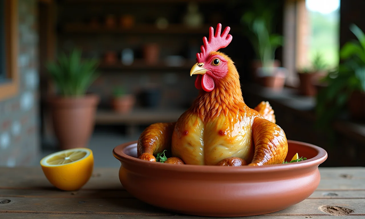 Frango com pequiá em panela de barro, ambiente rústico.