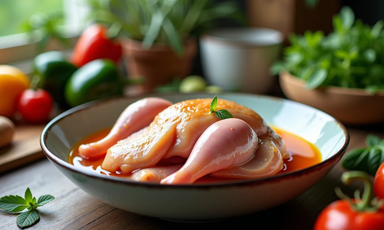 Frango cru marinado em recipiente com marinada líquida colorida.