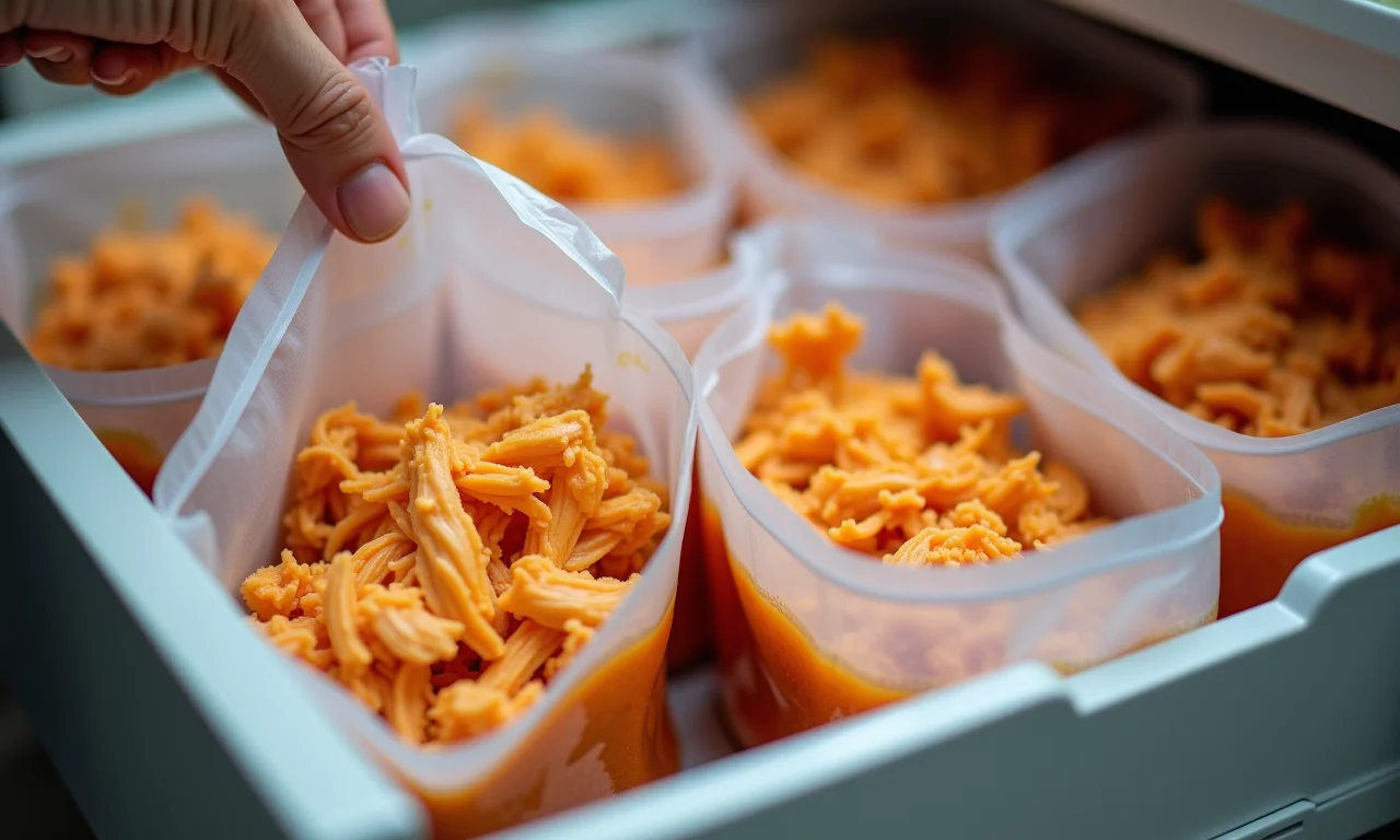 Frango desfiado congelado em porções, pronto para usar em diversas receitas.