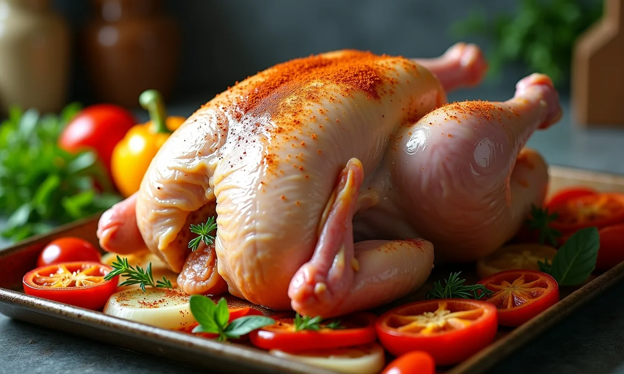 Frango inteiro cru temperado com especiarias e legumes coloridos pronto para assar.