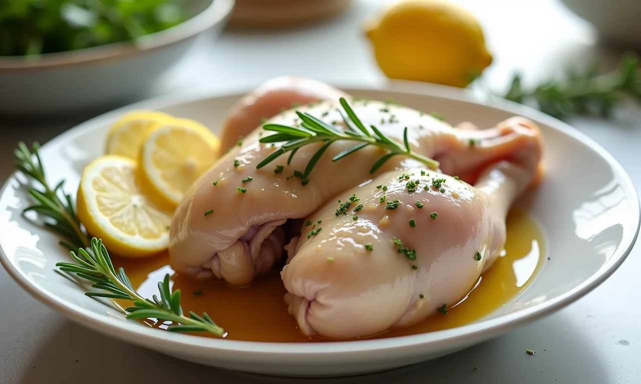 Frango marinado em uma mistura cítrica de limão e ervas frescas, pronto para ser assado.