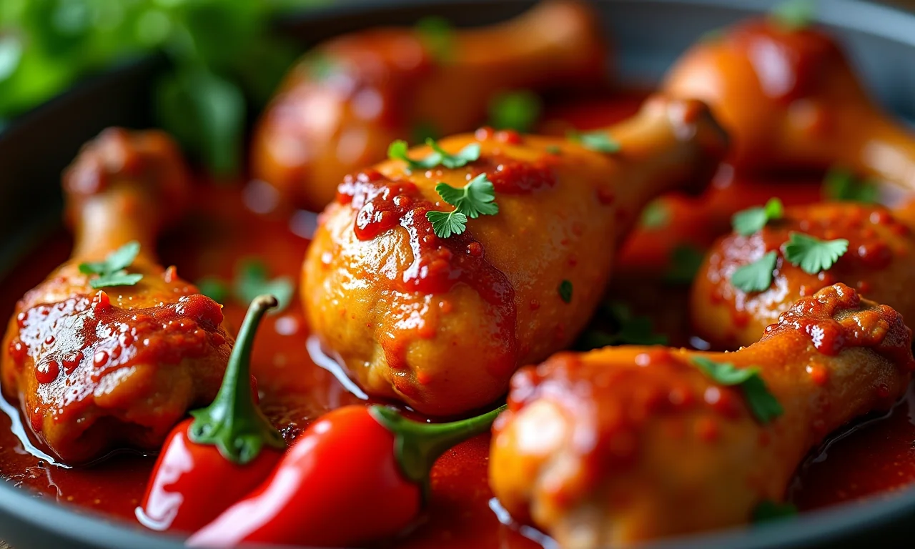 Frango picante marinado com páprica e pimenta, uma explosão de sabor.