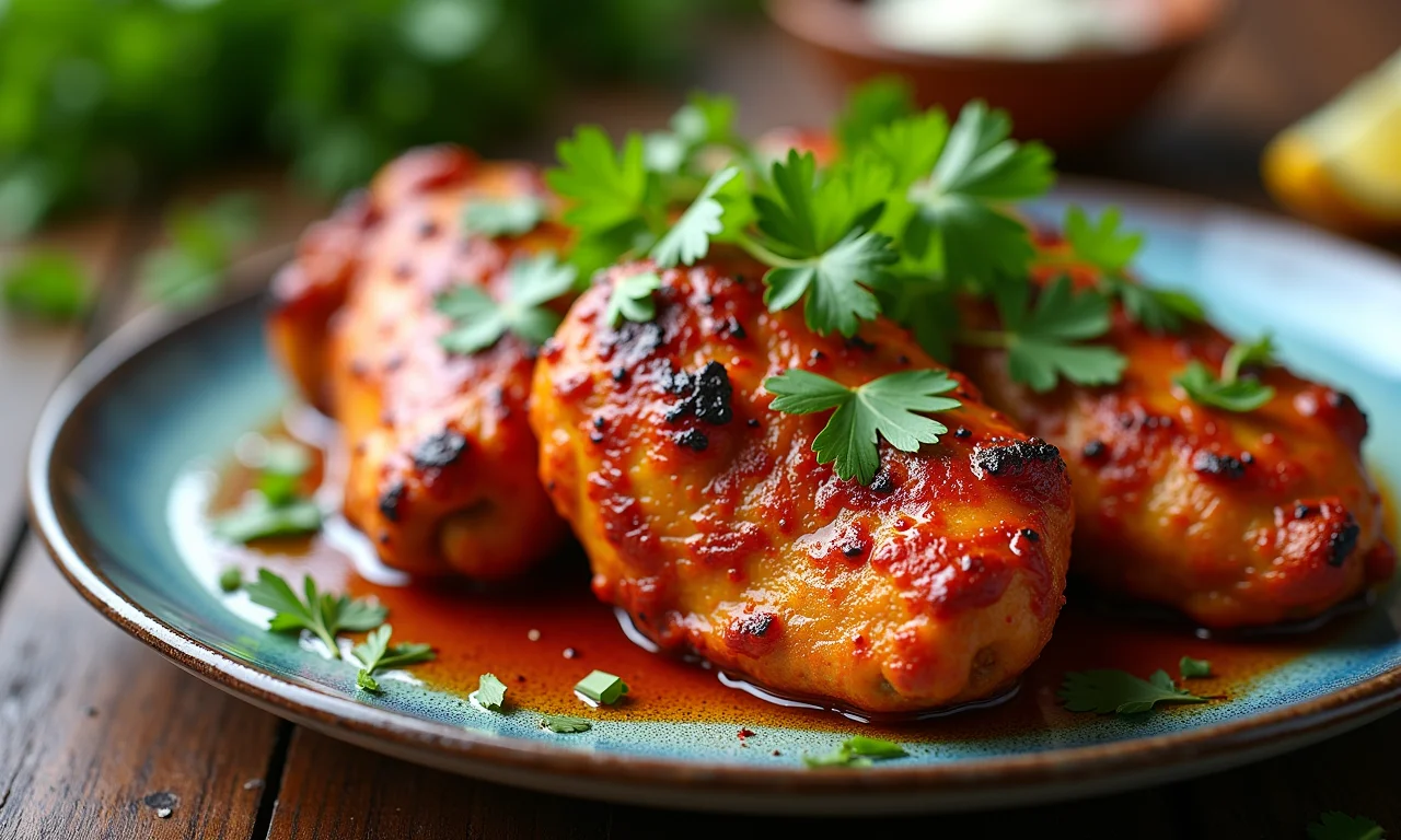 Frango Tandoori Indiano marinado em iogurte, pronto para servir.