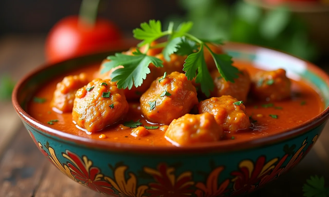 Frango tikka masala servido em tigela colorida, com coentro fresco.