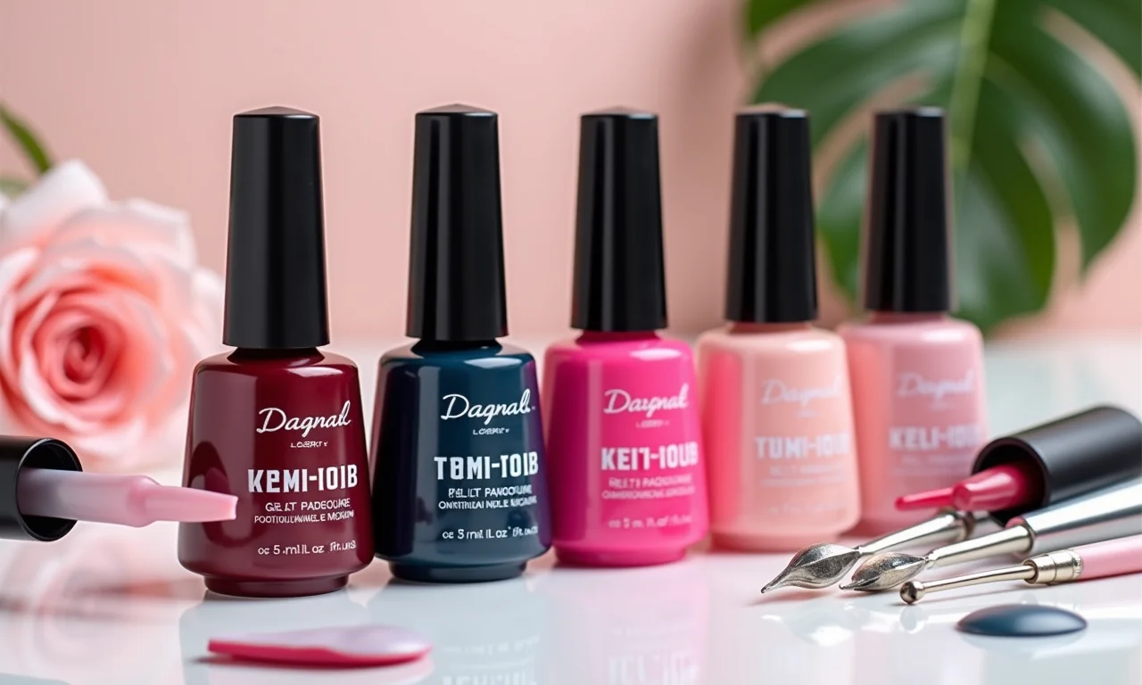 Frascos de esmaltes em gel de marcas populares dispostos em mesa.