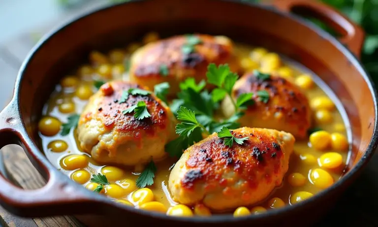 Fricassê de frango cremoso com milho em travessa rústica, pronto para servir.