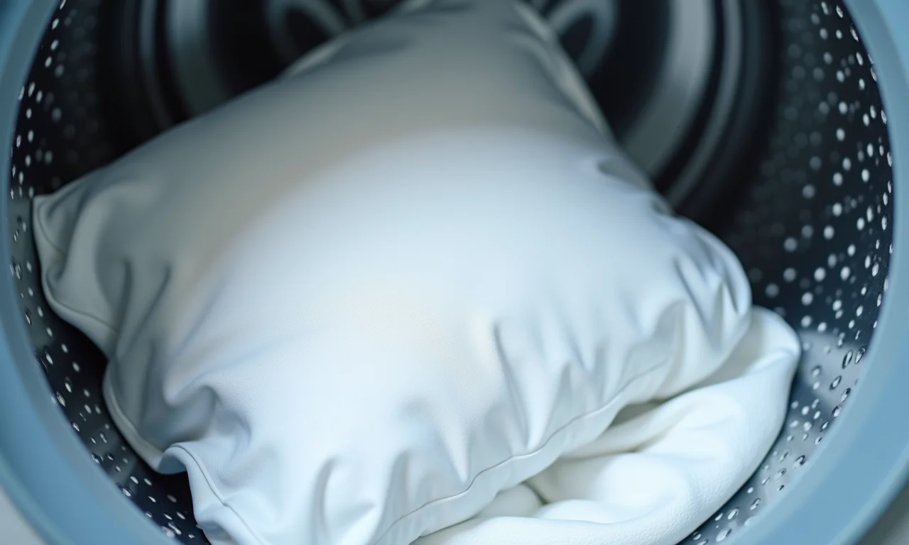 Fronha sendo lavada em máquina de lavar com detergente.