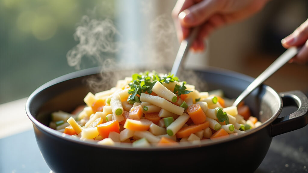Legumes congelados cozinhando no vapor.