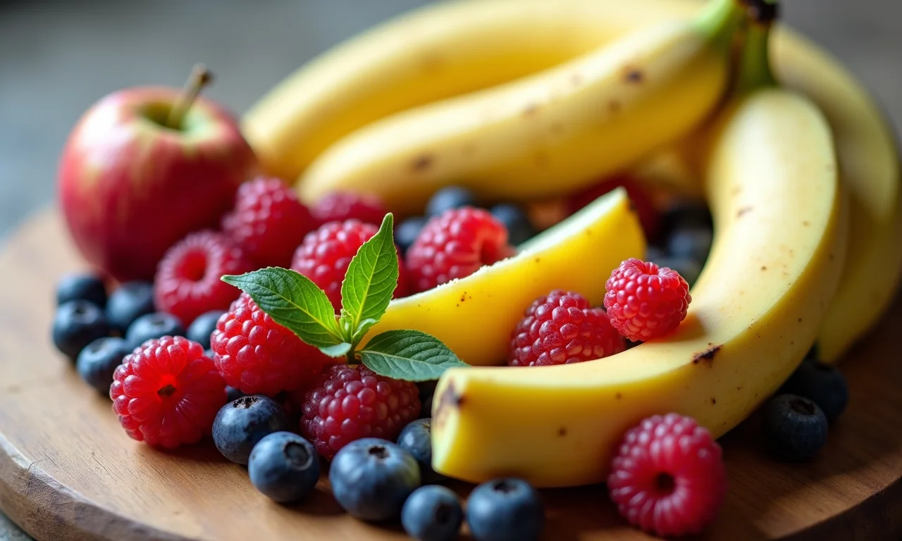 Frutas: banana, maçã e frutas vermelhas para doces fitness.