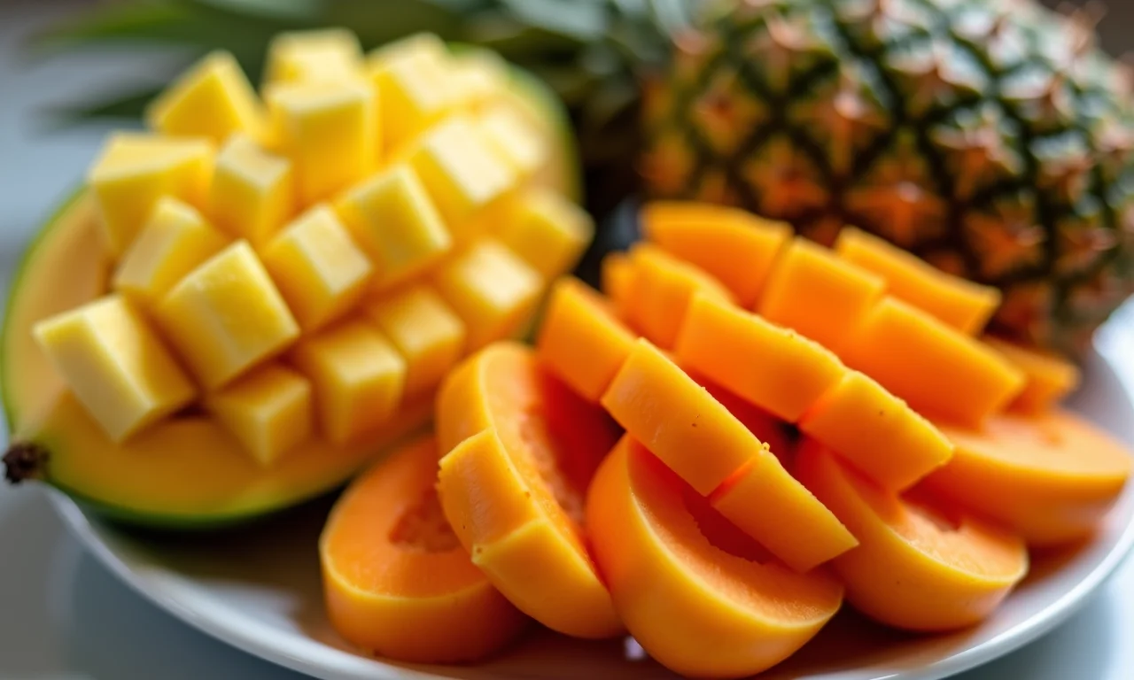 Frutas da estação, coloridas e vibrantes, em um prato.
