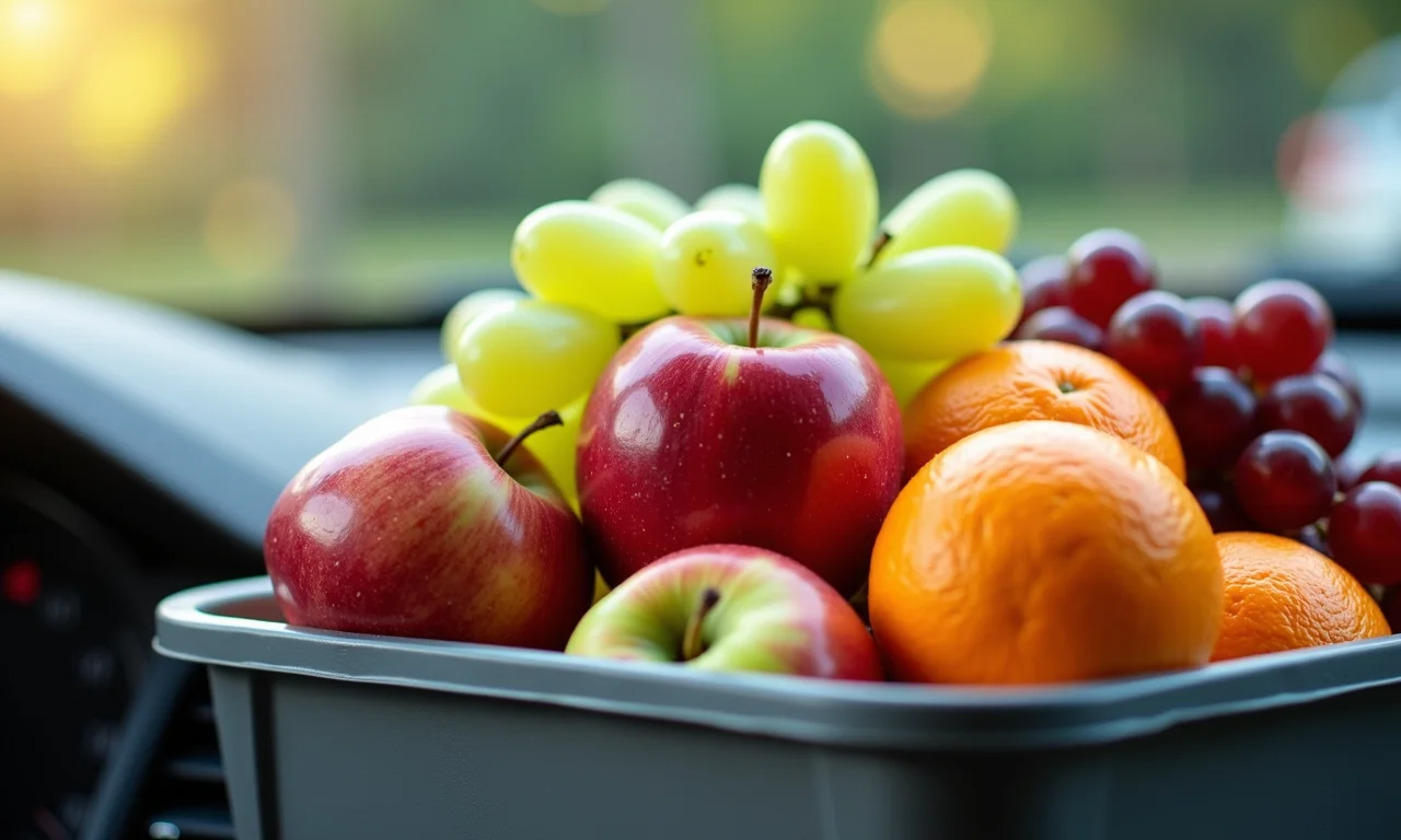 Frutas frescas em recipiente reutilizável no painel do carro, prontas para consumo.