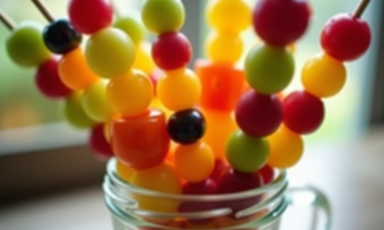 Frutas no palito coloridas em pote de vidro.