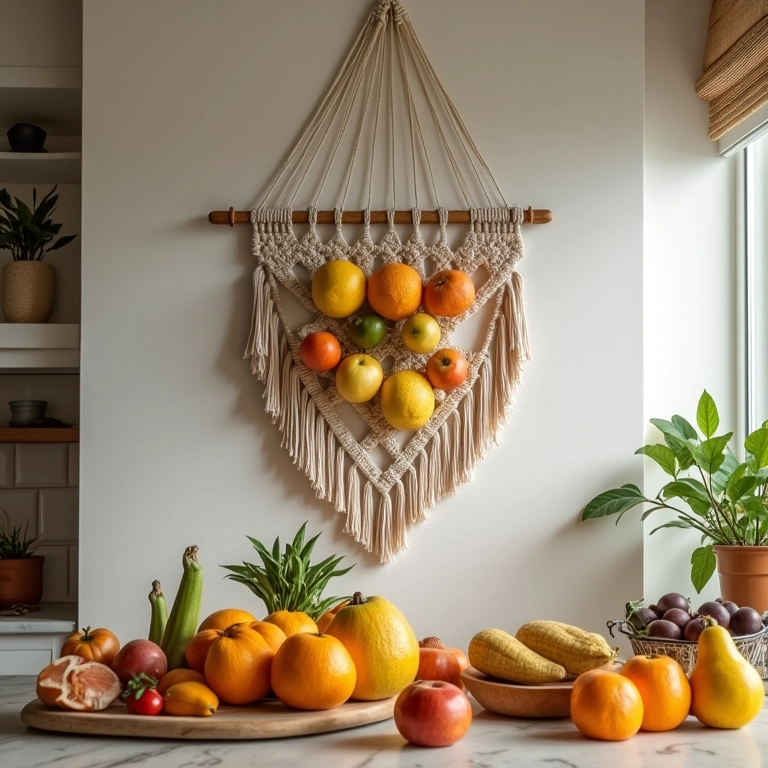 Fruteira de parede com macramê em uma cozinha boho.
